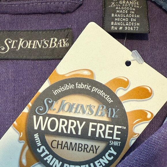 St Johns Bay Button down XL Shirt Mens Short Sleeve 100% Cotton Purple NWT - Picture 2 of 3